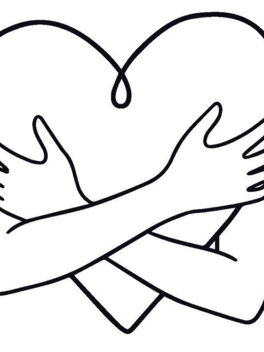 A line drawing of arms cradling a heart