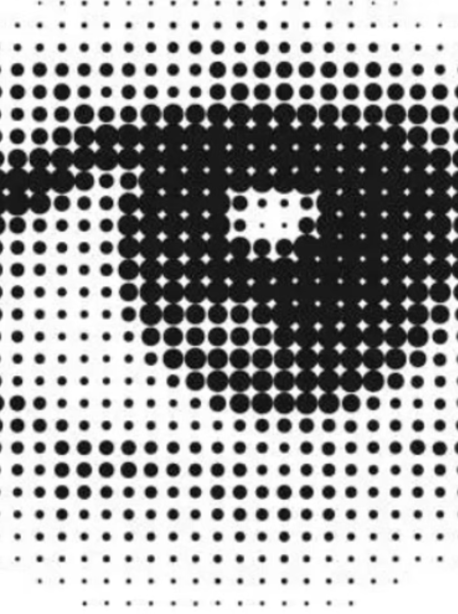 A close-up of an eye rendered in halftone dots