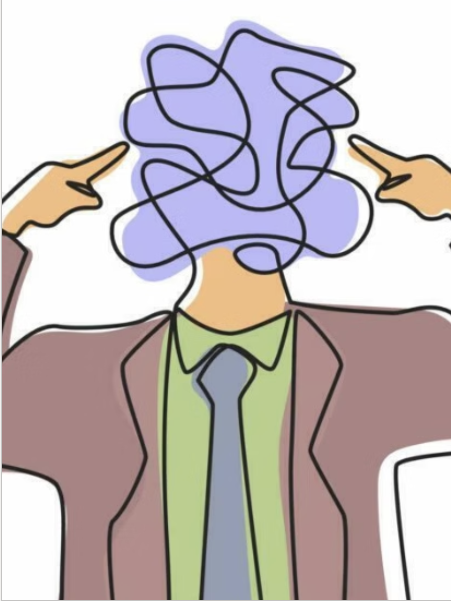A line illustration of a figure with a tangled scribble for a head