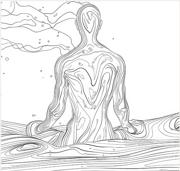 A figure seated in flowing water