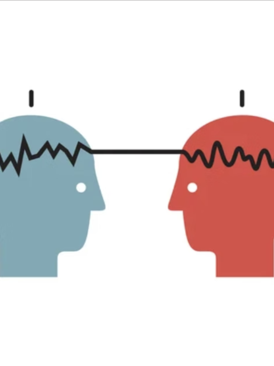 Two stylised heads facing each other, brainwave lines passing between them