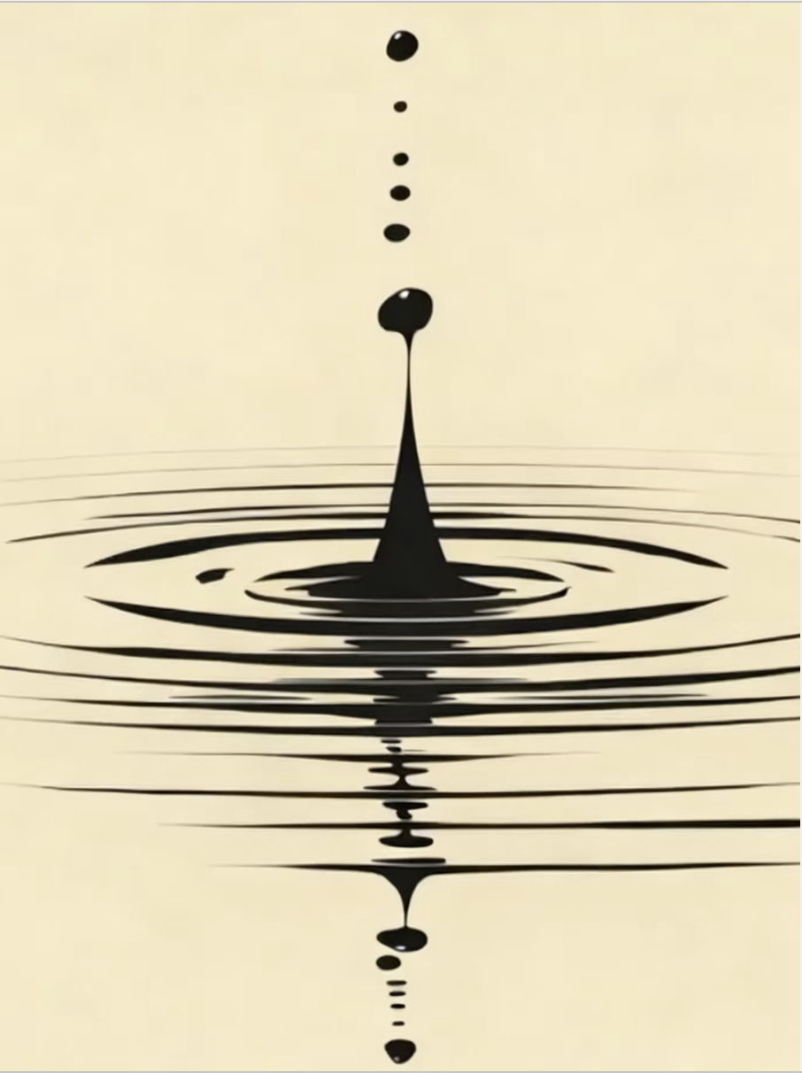 An ink drop falling into still water, sending out ripples